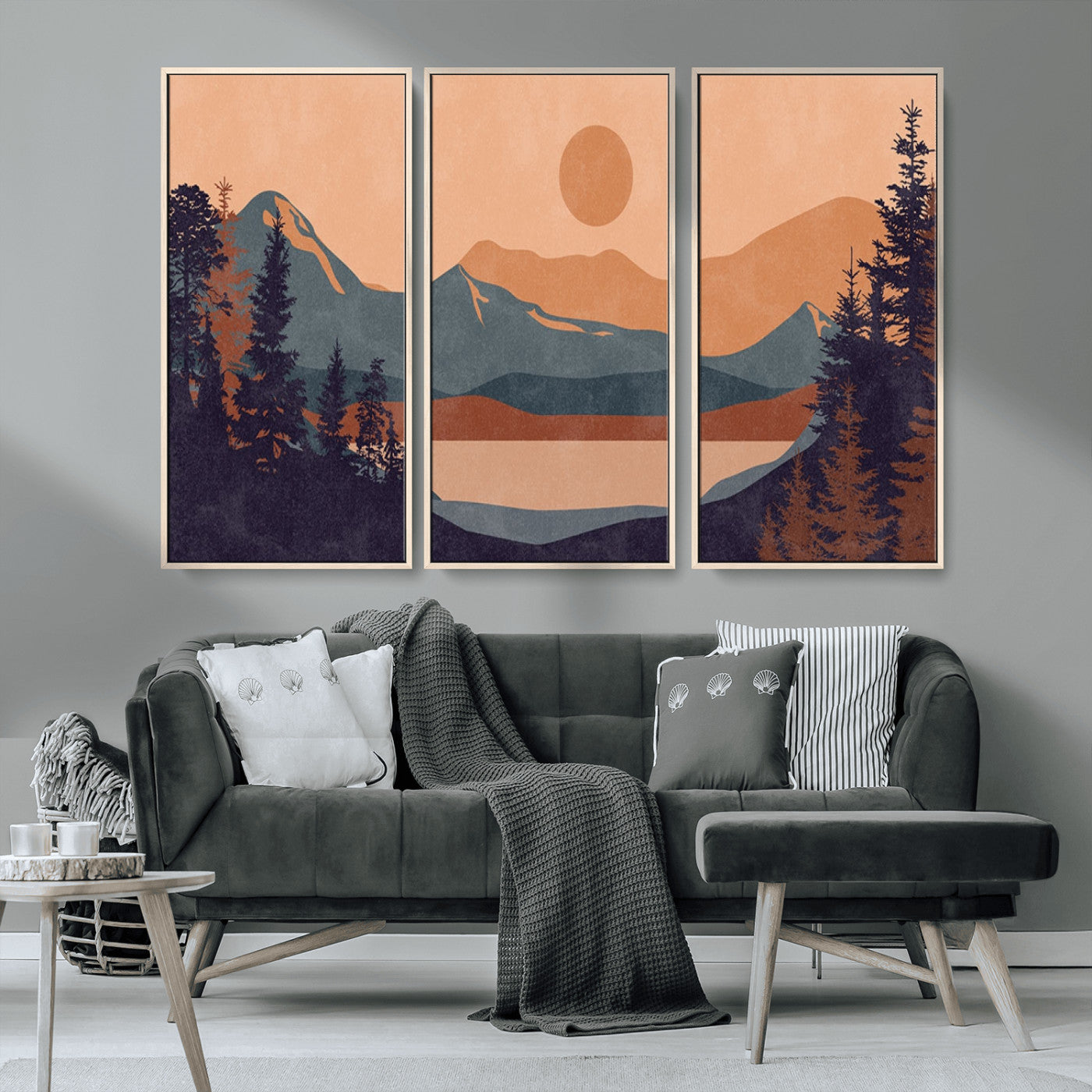 62795-MGV-CV-36X24-Minimalist Mountain Landscape Wall Art – Abstract Sunset Over Peaks and Pine Trees Canvas Print, Modern Nature Decor for Living