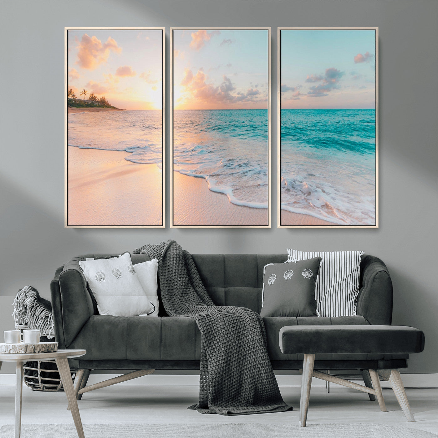36554-MGV-CV-36X24-Tropical Beach Sunset Wall Art – Ocean Waves and Palm Canvas Print, Coastal Seascape Photography Decor for Living Room, Bedroom,