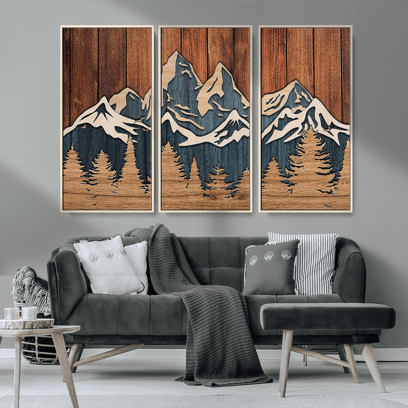 41330-MGV-CV-36X24-Rustic Mountain Wall Art – Wooden Nature Scene with Trees and Peaks, Handmade 3D Layered Decor for Living Room, Cabin or Office