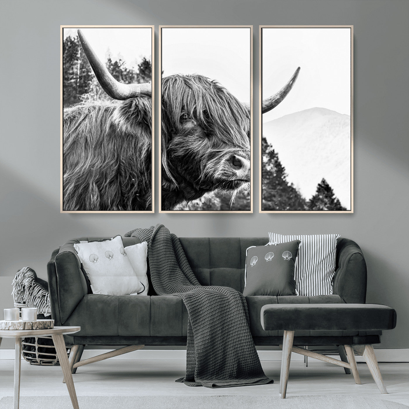 61570-MGV-CV-36X24-Highland Cow Wall Art – Black and White Scottish Bull Canvas Print, Rustic Farmhouse Animal Decor for Living Room, Bedroom, or