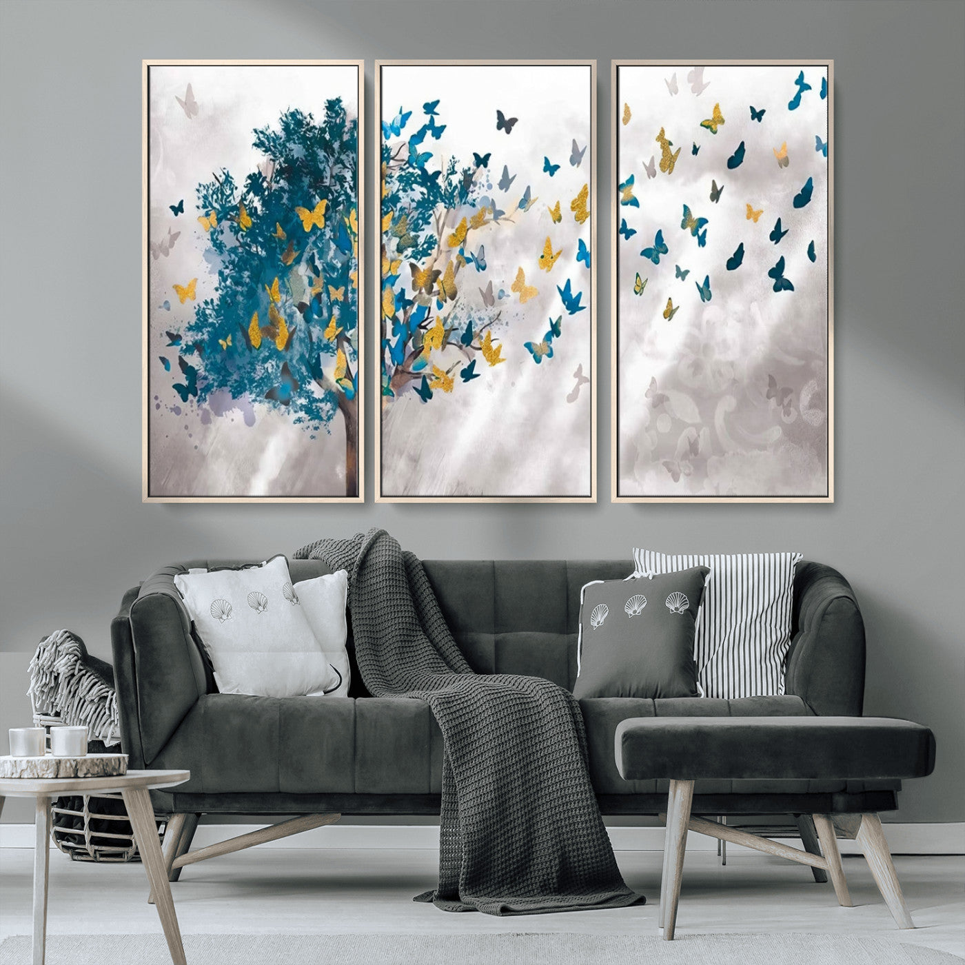37564-MGV-CV-36X24-Butterfly Tree Wall Art – Modern Nature Canvas Print with Blue and Golden Butterflies, Elegant Decorative Painting for Living Room