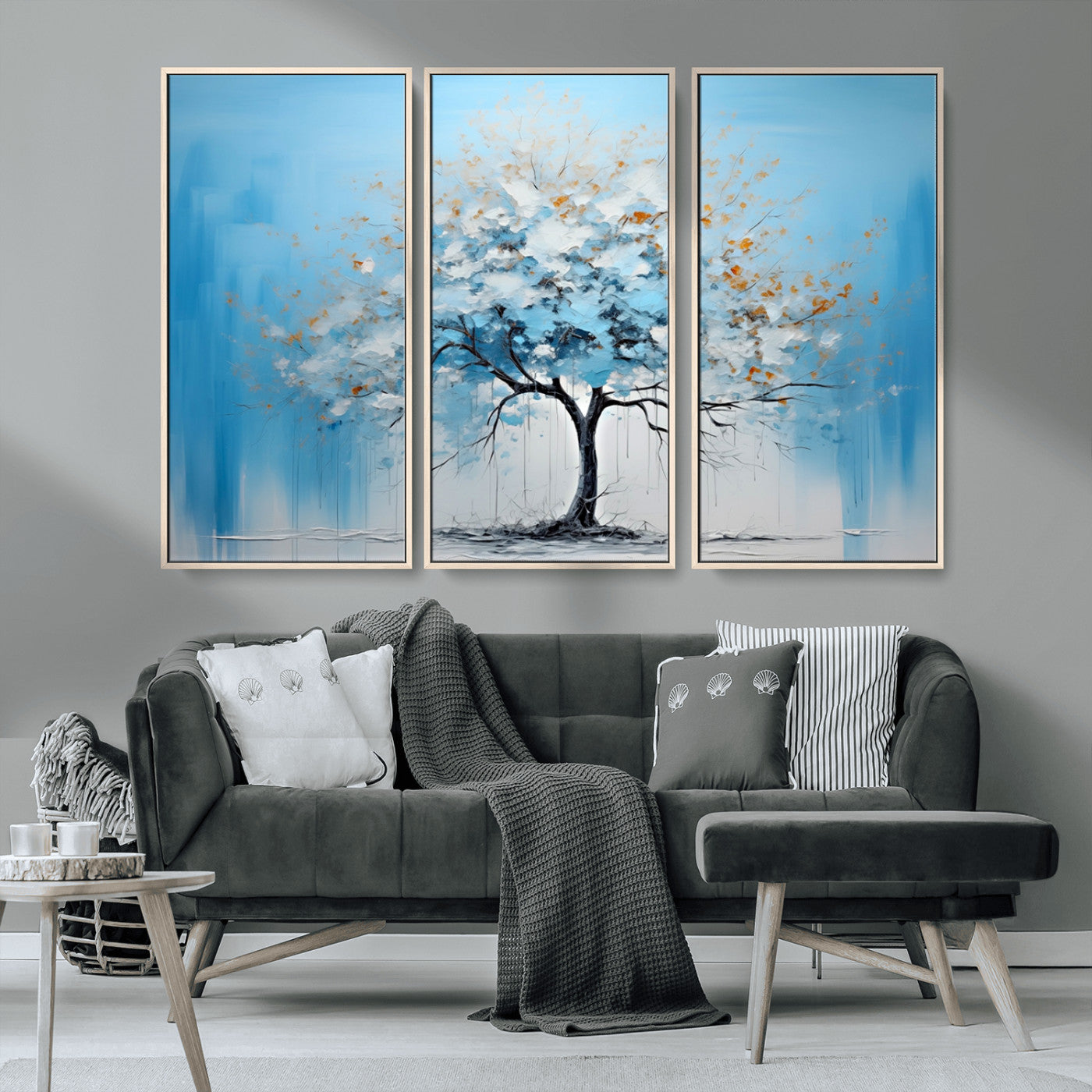 25021-MGV-CV-36X24-Abstract Tree Wall Art – Blue and White Canvas Painting with Gold Accents, Modern Nature-Inspired Artwork for Living Room, Bedroom