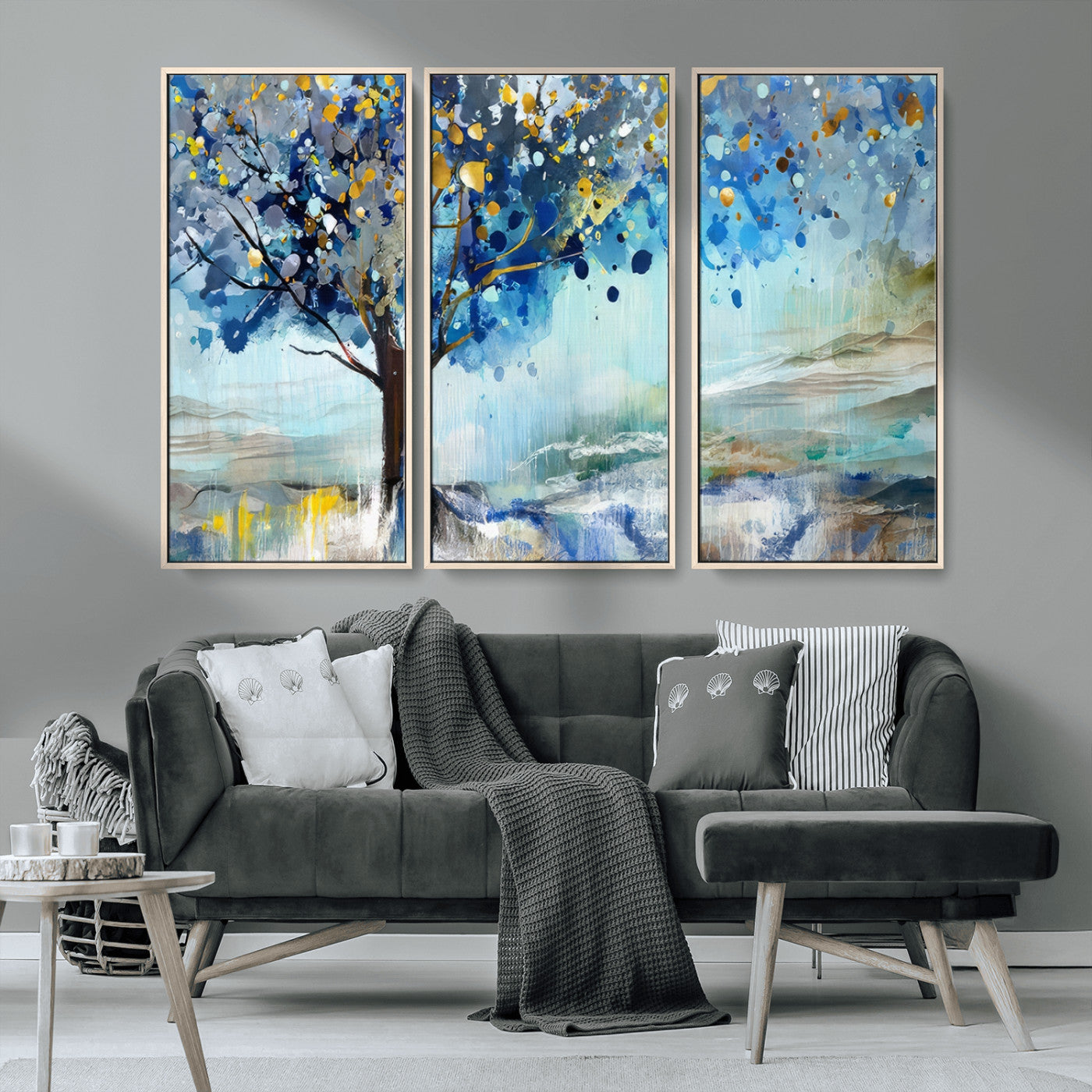 17018-MGV-CV-36X24-Abstract Blue Tree Wall Art – Colorful Canvas Painting with Gold and Silver Accents, Modern Nature Artwork for Living Room,