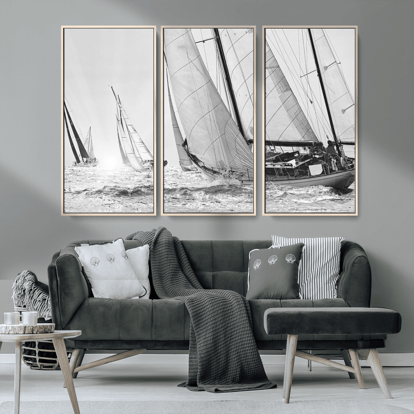 Boat-1-MGV-FC-48X32-3P_Natural-Sailboat Racing Wall Art – Nautical Black and White Canvas Print, Ocean Adventure Decor for Office, Living Room or Bedroom