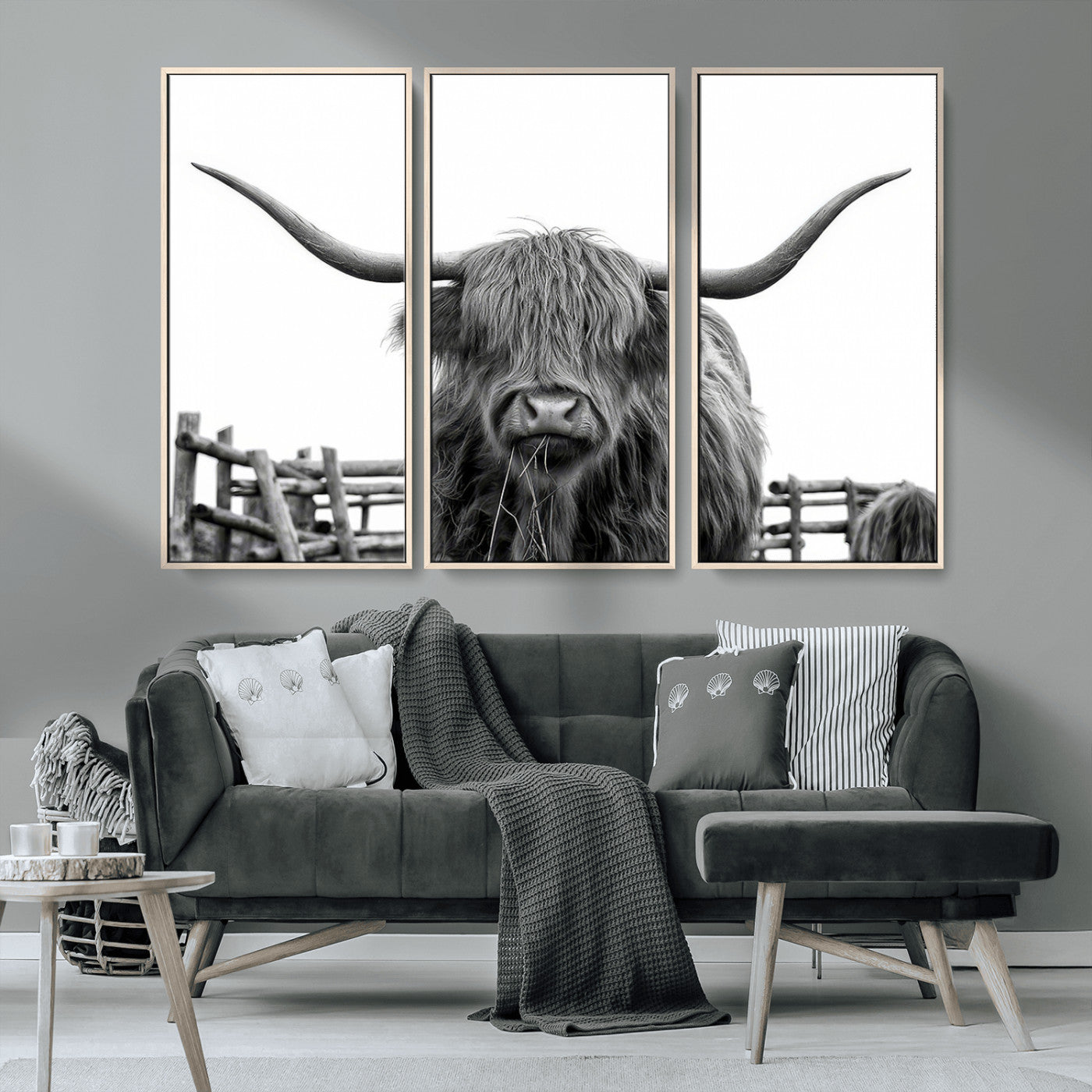 58188-MGV-CV-36X24-Highland Cow Wall Art – Black and White Rustic Farmhouse Canvas Print, Longhorn Cattle Photography Decor for Living Room or