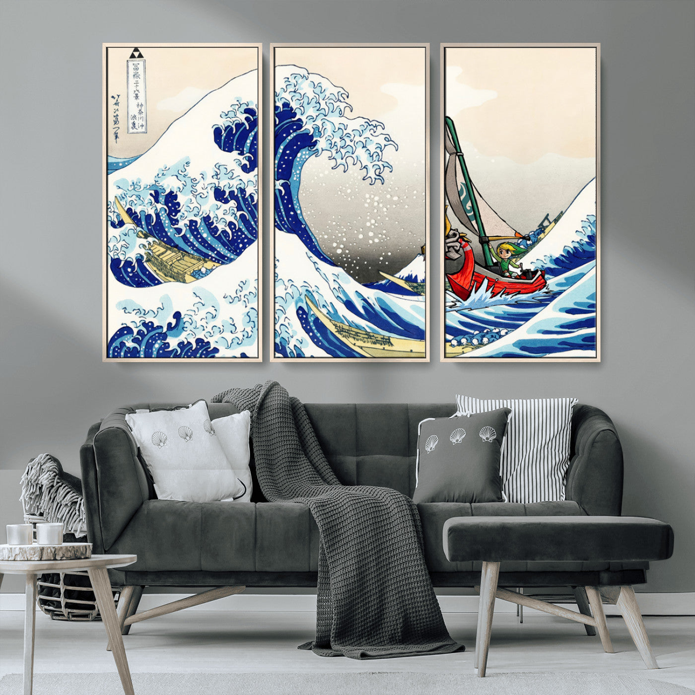 19450-MGV-FC-48X32-3P_Natural-Great Wave Adventure Wall Art – Japanese Style Ocean Canvas Print, Fantasy Sailing Decor for Living Room, Bedroom or Office