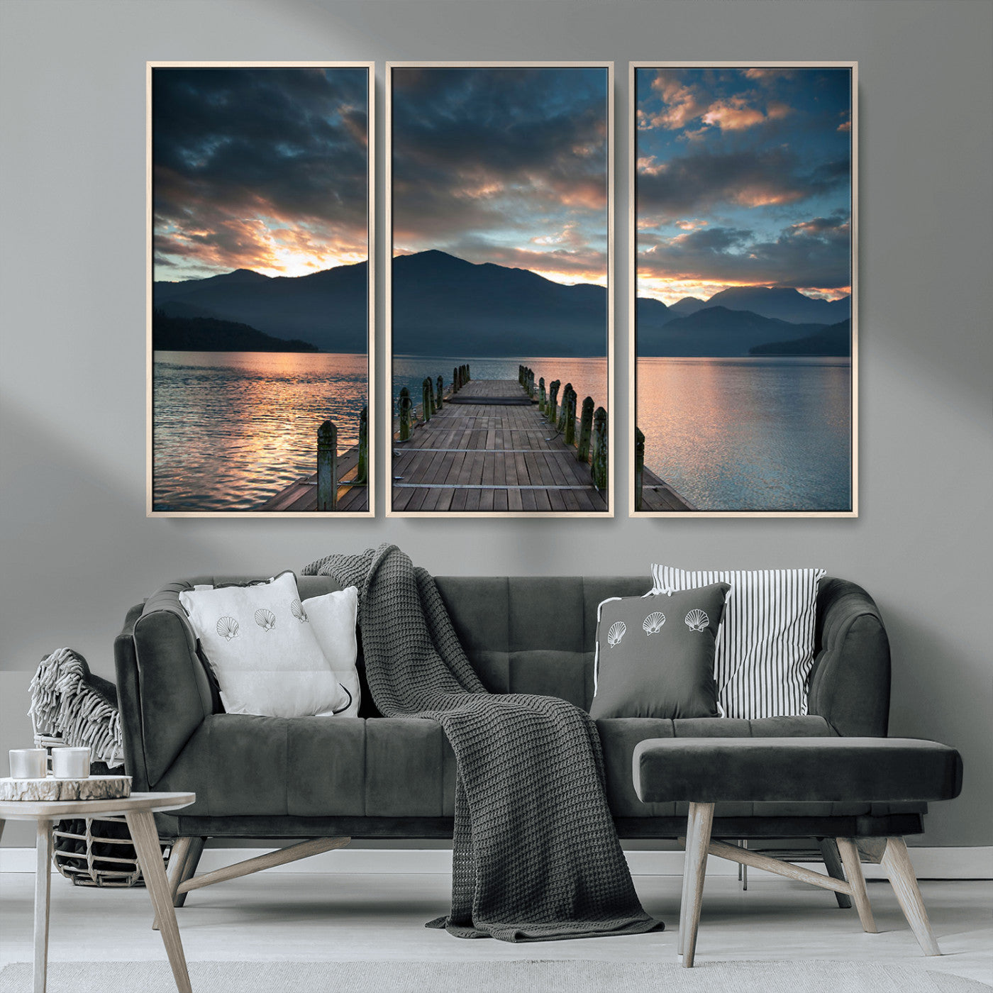 20442-MGV-CV-36X24-Lakeside Sunset Dock Wall Art – Peaceful Mountain Lake Canvas Print, Serene Nature Landscape Decor for Living Room, Bedroom or