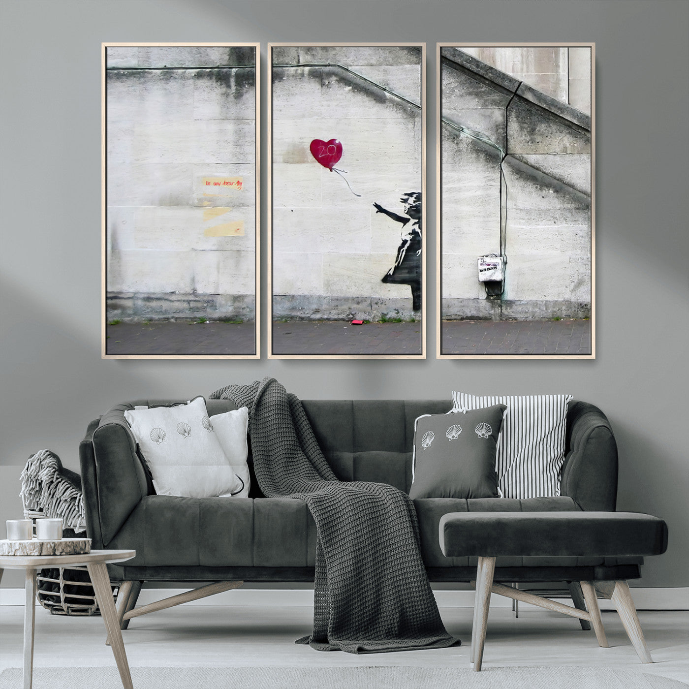 50559-MGV-FC-48X32-3P_Natural-Banksy Girl with Balloon Wall Art – Famous Street Graffiti Canvas Print, Modern Urban Artwork for Living Room, Bedroom or Office