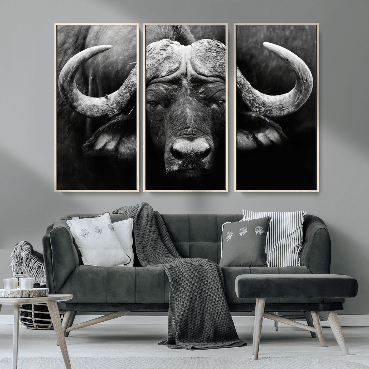 75273-MGV-CV-36X24-Buffalo Wall Art – Black and White African Buffalo Canvas Print, Rustic Wildlife Animal Artwork for Farmhouse, Living Room,