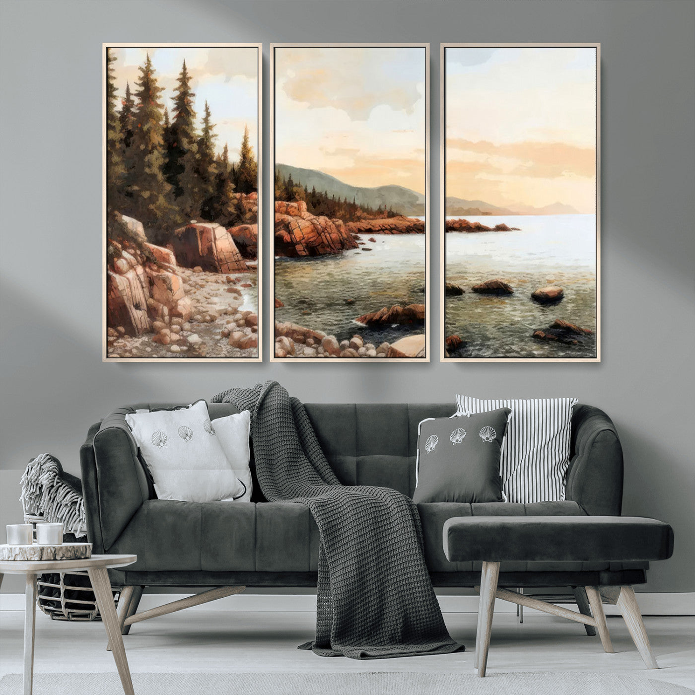 77145-MGV-CV-36X24-Coastal Landscape Wall Art – Panoramic Rocky Shoreline and Pine Trees Canvas Print, Rustic Nature Decor for Cabin, Lodge, Office,