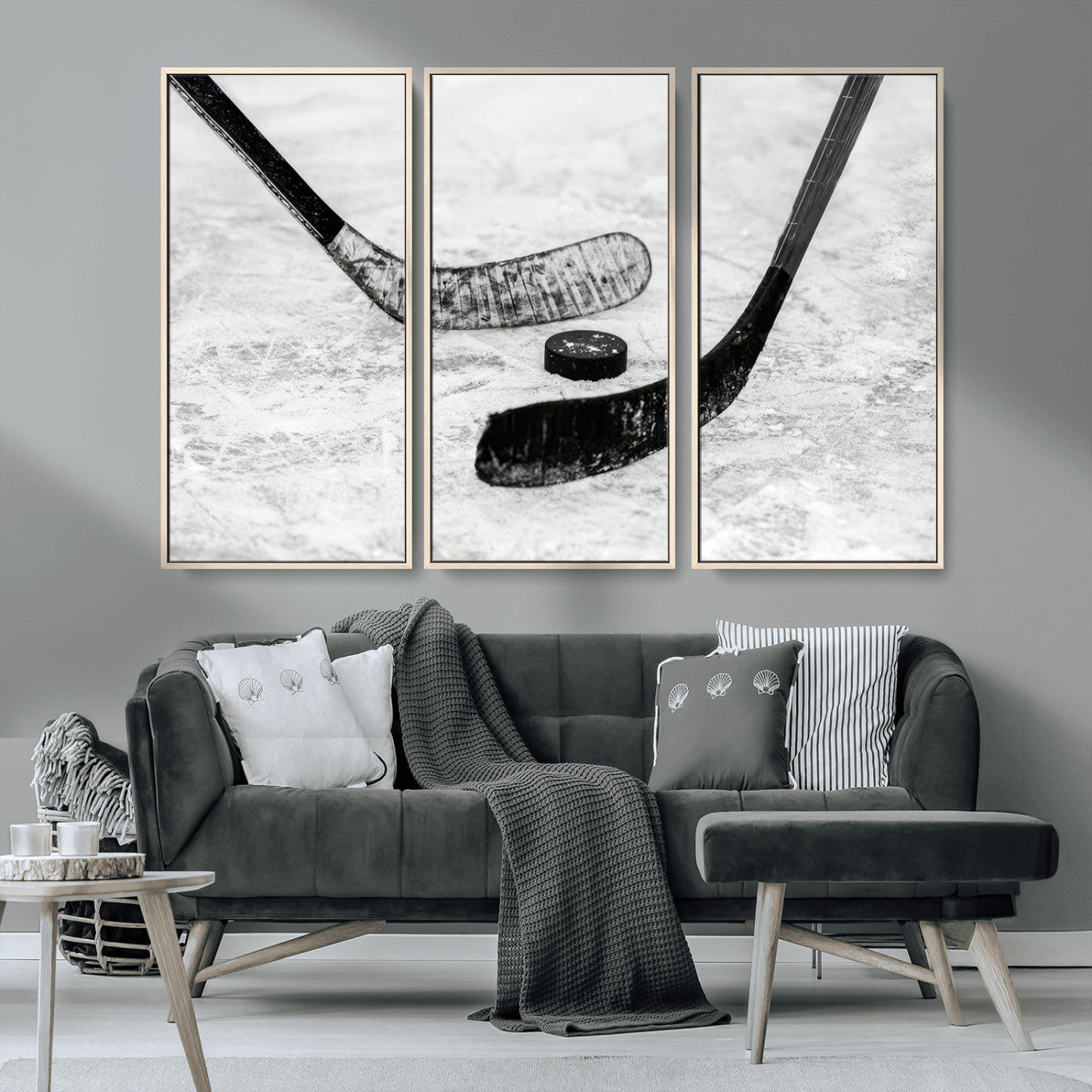 82900-MGV-CV-36X24-Hockey Wall Art – Black and White Canvas Print Ice Rink Sticks Puck Sports Photography, Modern Decor for Game Room, Man Cave,