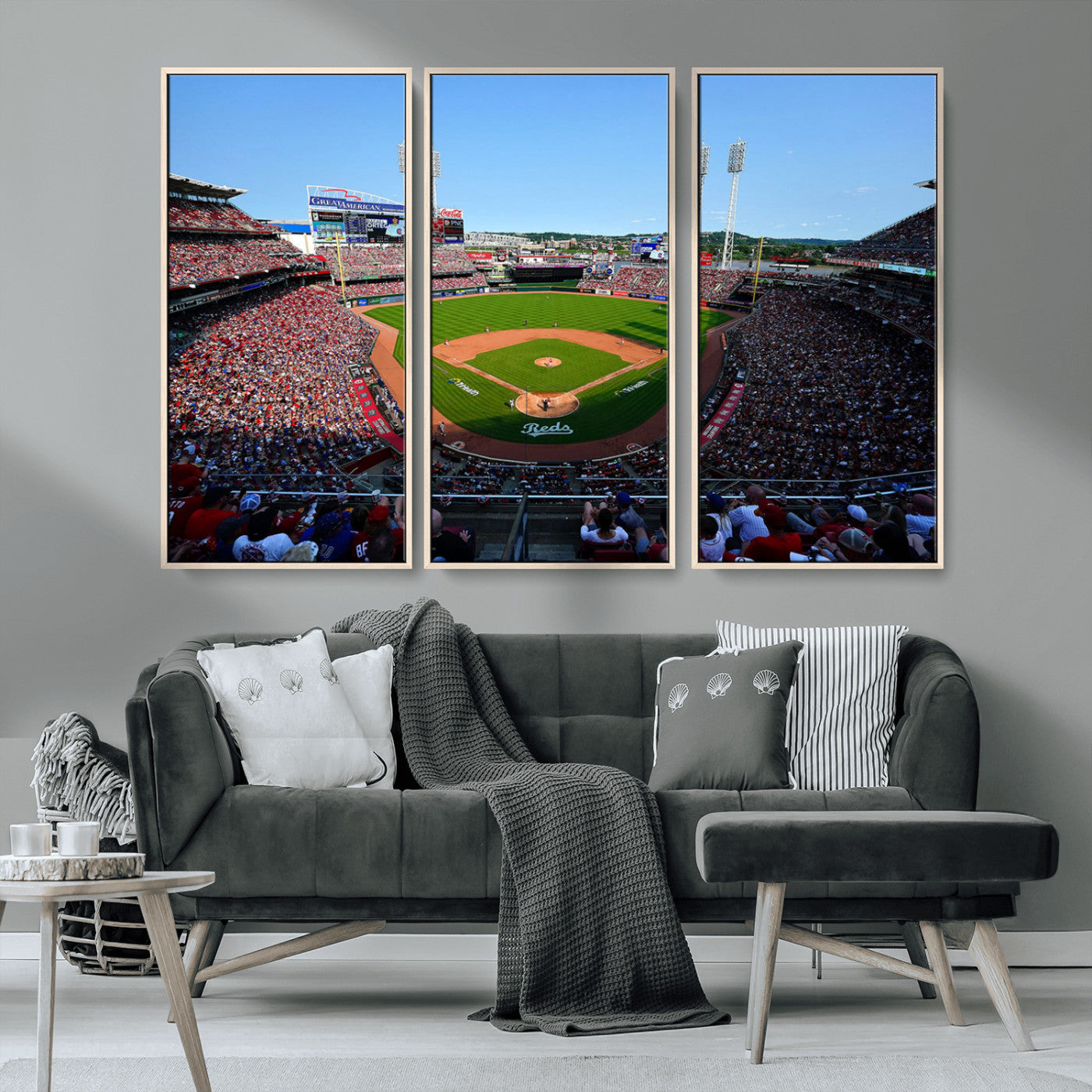 90998-MGV-CV-36X24-Baseball Stadium Wall Art – Canvas Print Day Game Field Packed Crowd Bright Blue Sky Sports Photography, Classic Decor for Game