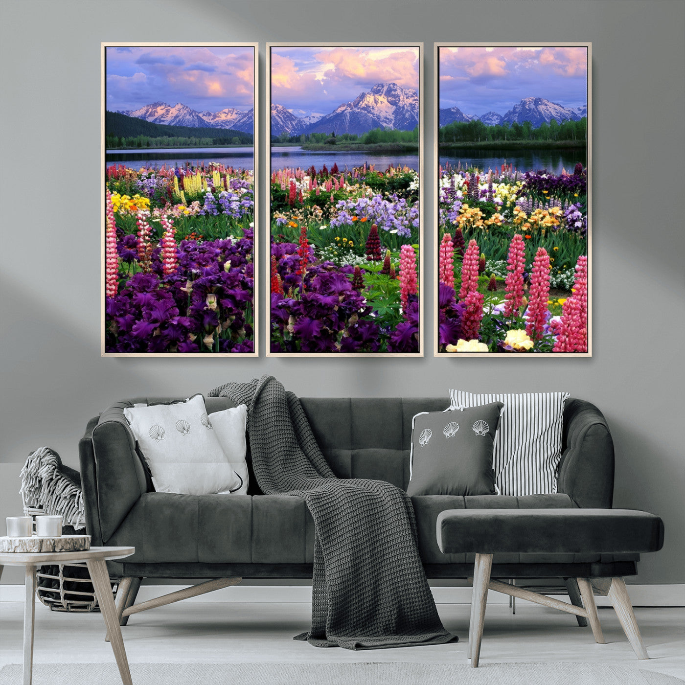 82270-MGV-CV-36X24-Colorful Wildflower Meadow Landscape Wall Art – Snow-Capped Mountain Lake Sunset Print, Vibrant Nature Artwork for Living Room,