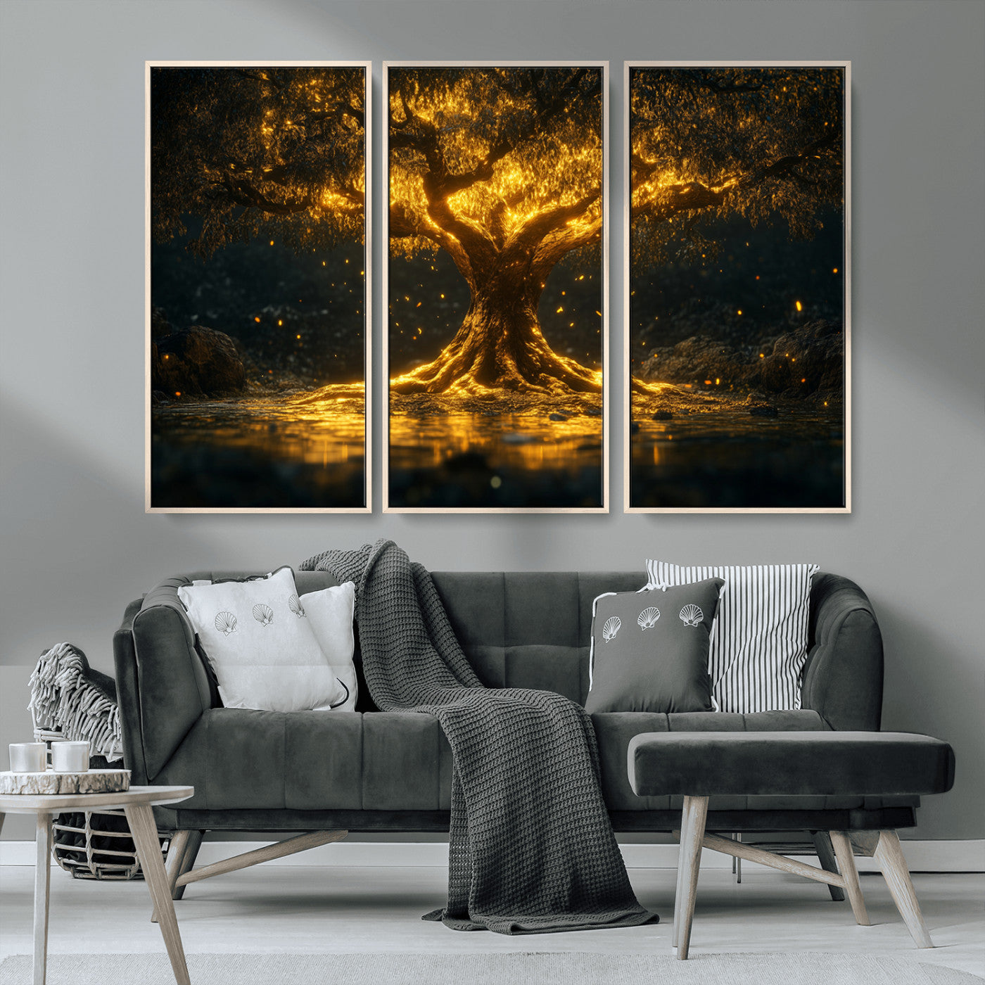59580-MGV-CV-36X24-Glowing Tree Wall Art – Golden Fantasy Nature Canvas Print, Mystical Illuminated Tree Painting Poster for Living Room, Bedroom,