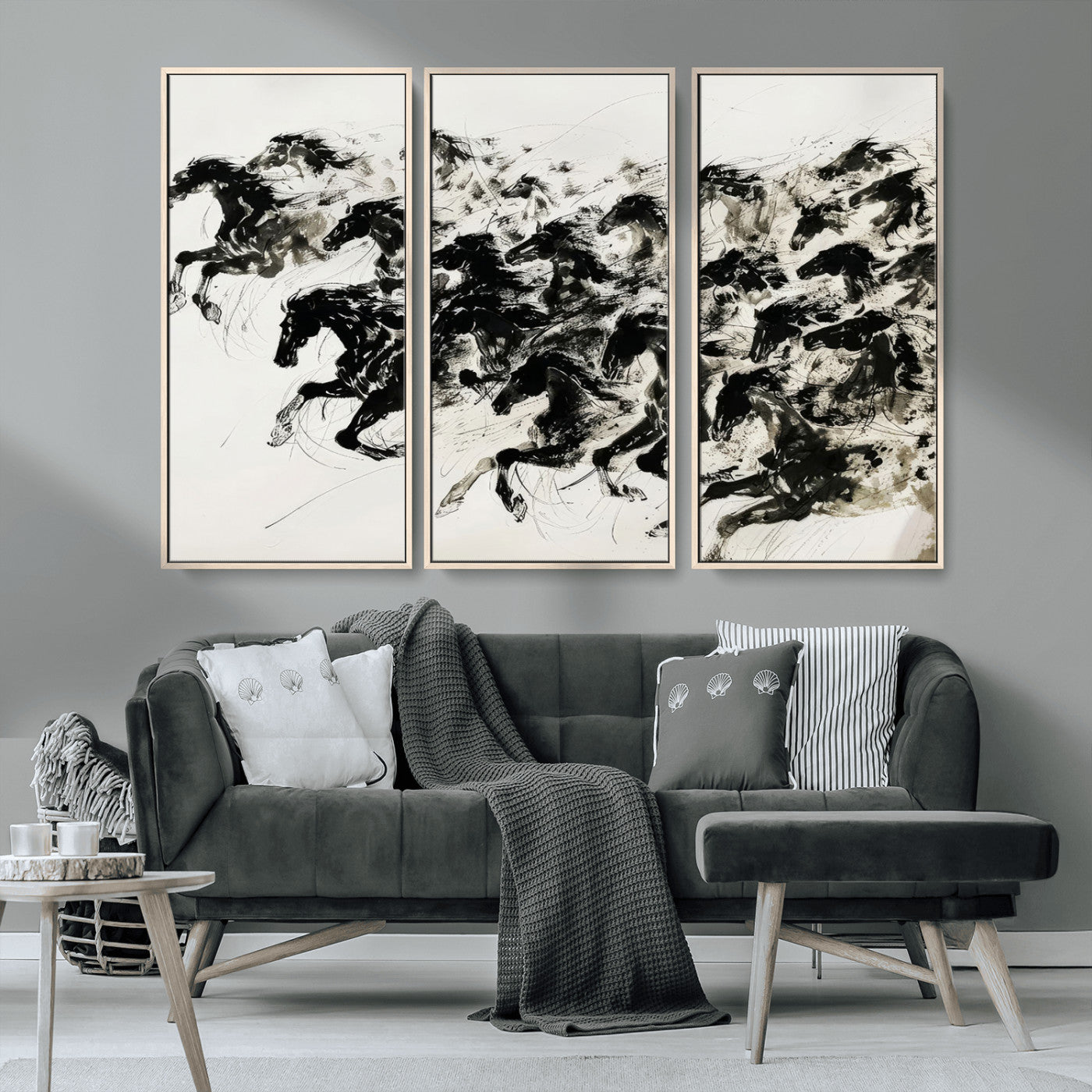 23069-MGV-CV-36X24-Galloping Horses Wall Art – Black Ink Painting on Canvas, Dynamic Equestrian Artwork with Running Stallions, Expressive Modern