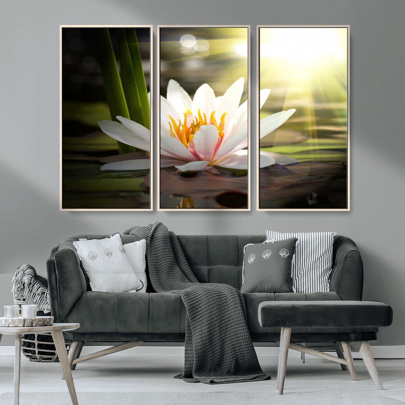 60352-MGV-FC-48X32-3P_Natural-White Water Lily Wall Art – Lotus Flower Canvas Print with Sunlight Reflection, Peaceful Botanical Artwork for Living Room,