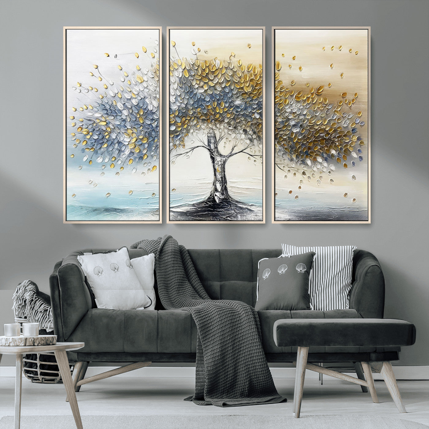 24771-MGV-CV-36X24-Silver Tree Wall Art Canvas Print, Framed Golden Leaves Art Picture Print, Metallic Tree Perfect Minimalist Luxury Decor Artwork
