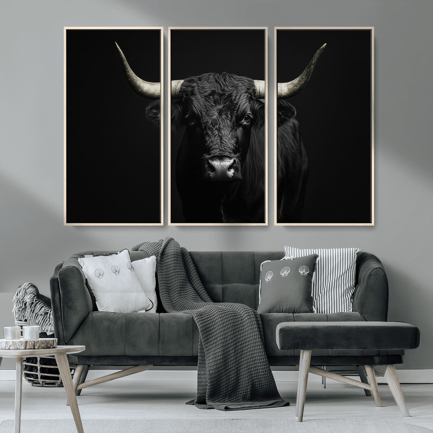 97914921-MGV-CV-36X24-Black Bull Wall Art Canvas Print, Framed Longhorn Bull Art Picture Print, Western Bull Perfect Monochrome Western Decor Artwork