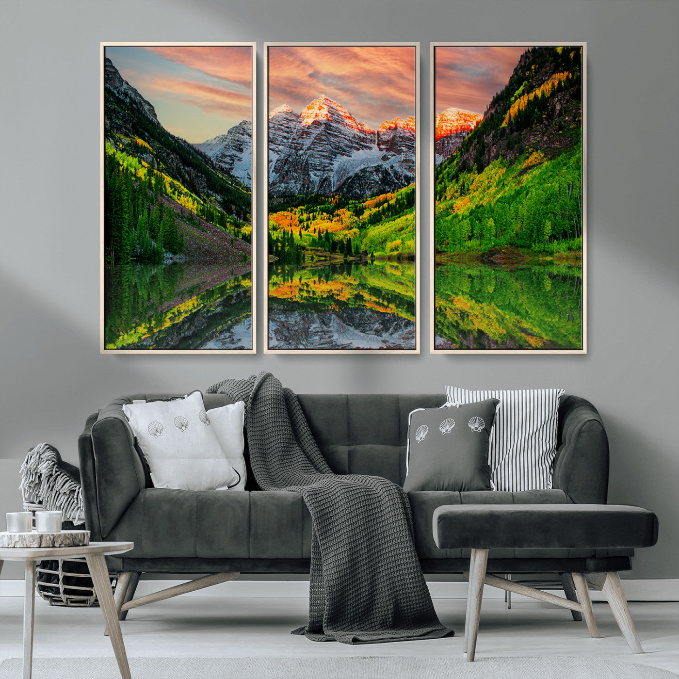 59533484-MGV-CV-36X24-Maroon Bells Autumn Wall Art – Panoramic Mountain Landscape Canvas Print, Sunset Reflection Nature Artwork for Living Room, Office