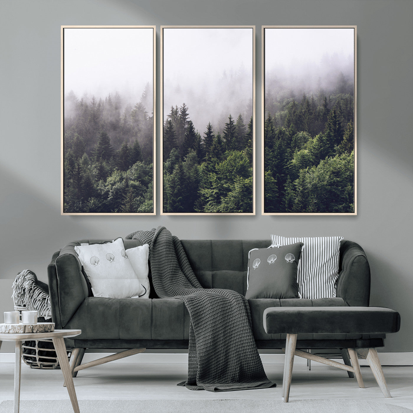 62890402-MGV-CV-36X24-Misty Forest Wall Art Canvas Print, Framed Foggy Pines Art Picture Print, Pine Valley Perfect Moody Woodland Decor Artwork