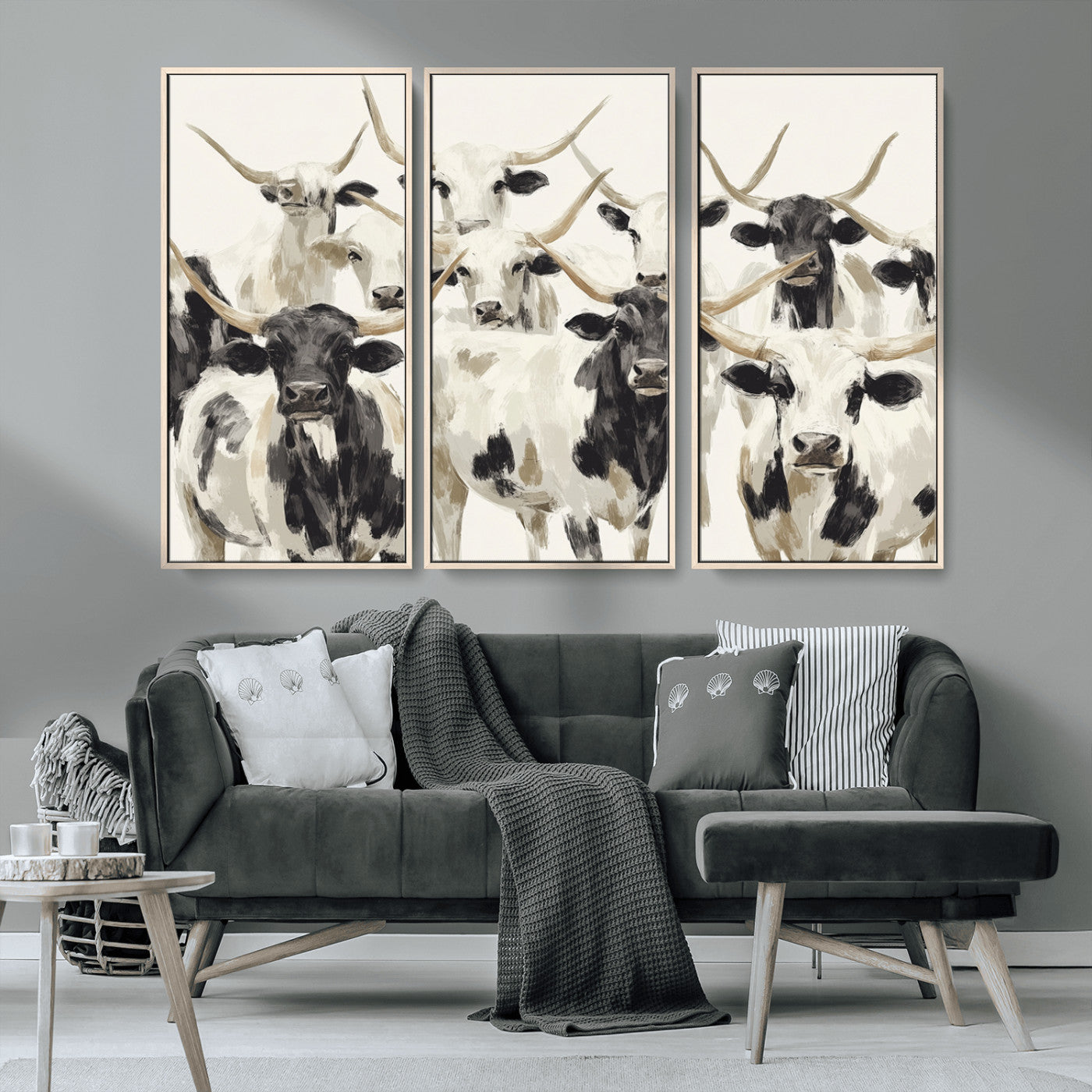 52947970-MGV-CV-36X24-Texas Longhorn Wall Art Canvas Print, Framed Cattle Herd Art Picture Print, Herd Portrait Perfect Modern Farmhouse Decor Artwork