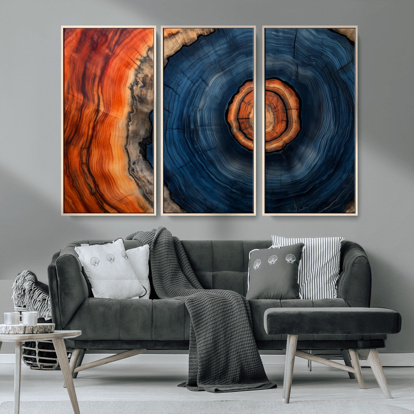 72209152-MGV-CV-36X24-Abstract Tree Ring Wall Art – Vibrant Blue Orange Wood Grain Canvas Print, Rustic Modern Nature Artwork for Living Room, Office,