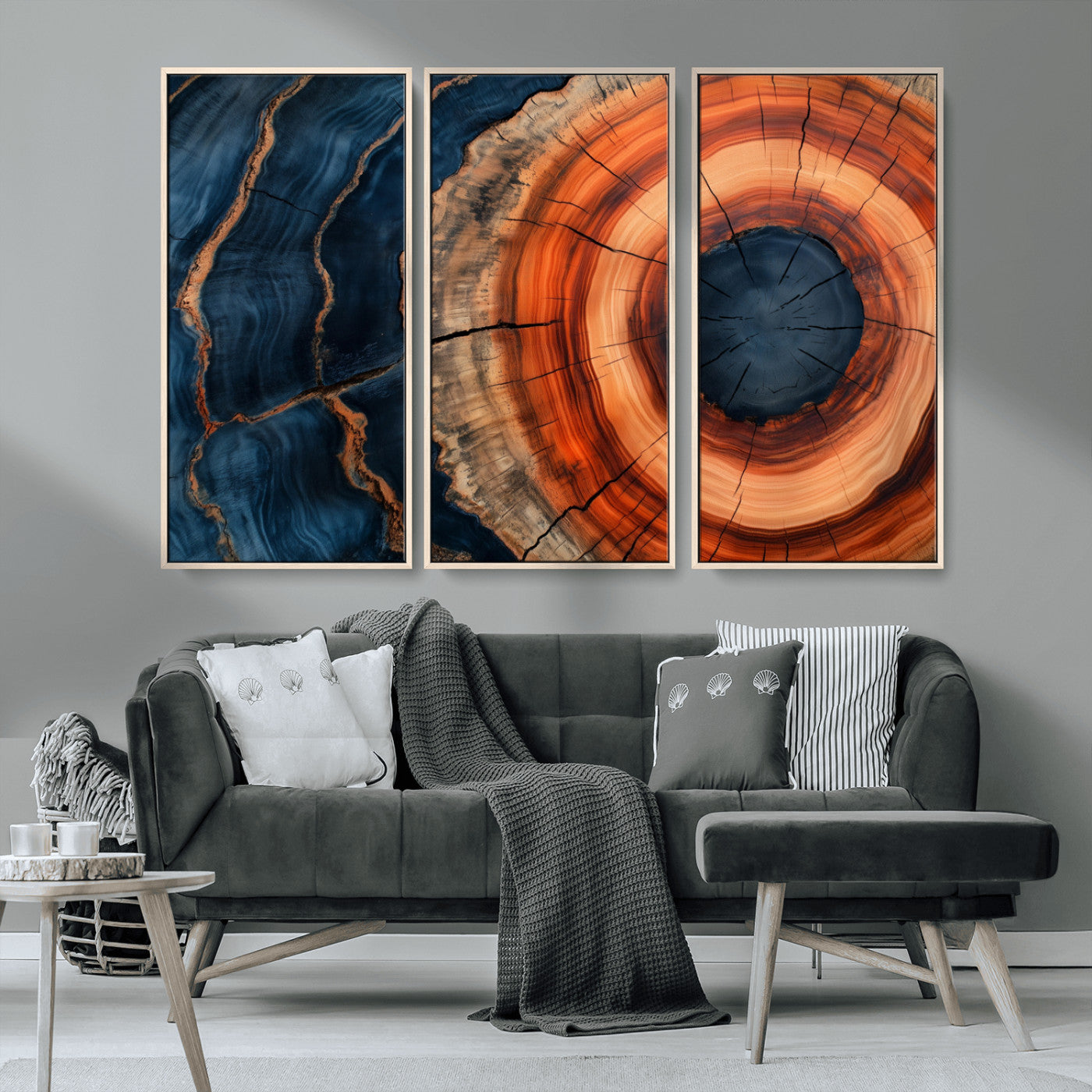 41123192-MGV-CV-36X24-Tree Ring Canvas Wall Art – Abstract Blue Orange Wood Grain Print, Rustic Modern Nature Artwork for Living Room, Bedroom, Office
