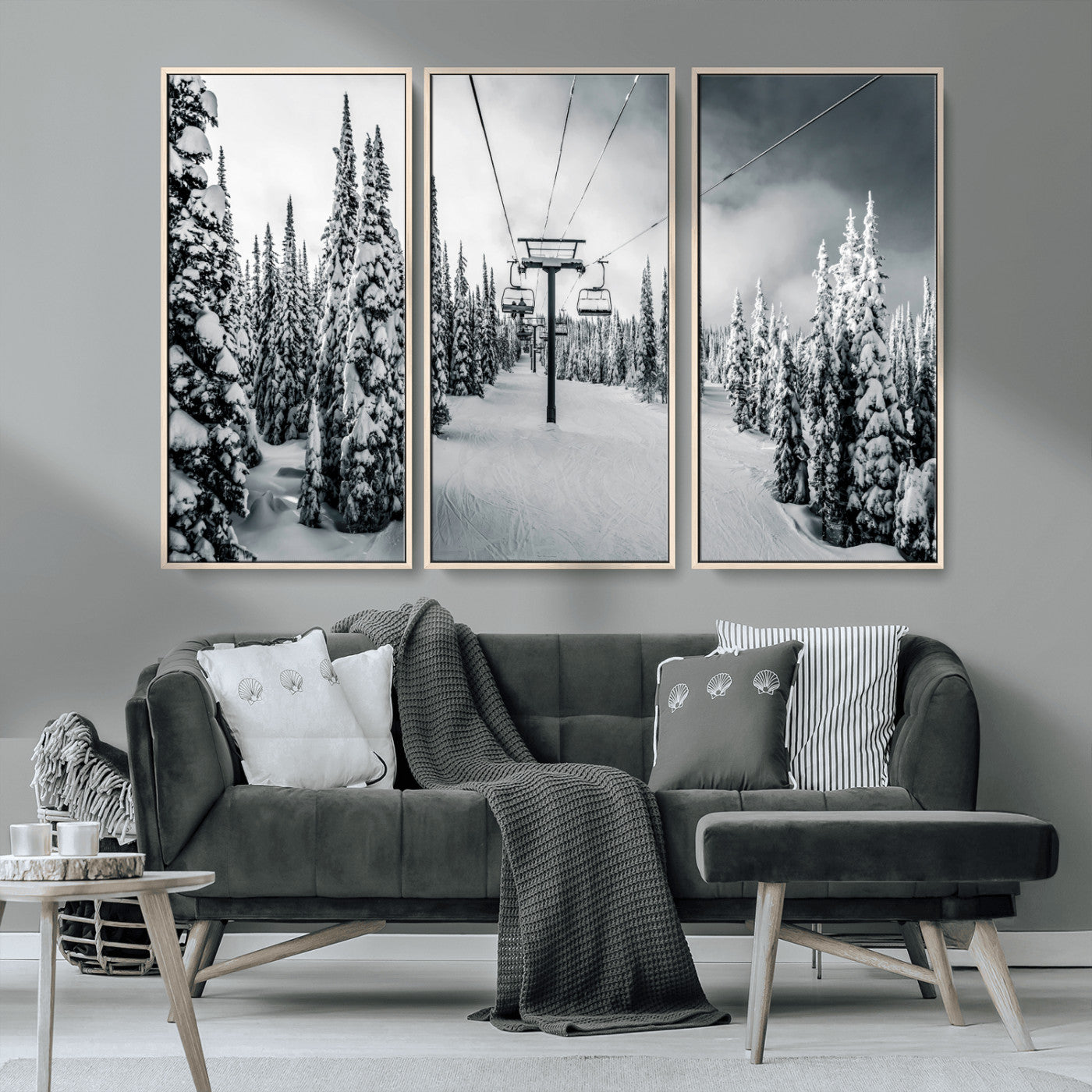 31156828-MGV-CV-36X24-Snowy Pines Wall Art Canvas Print, Framed Ski Lift Art Picture Print, Winter Forest Perfect Moody Lodge Decor Artwork