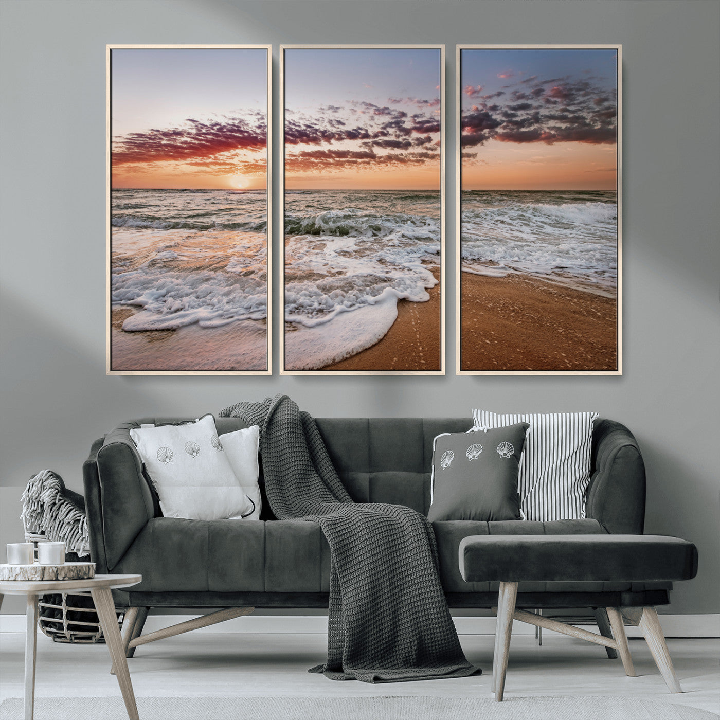 39846389-MGV-CV-36X24-Ocean Sunset Wall Art Canvas Print, Framed Sandy Shore Art Picture Print, Gentle Waves Perfect Minimalist Coastal Decor Artwork