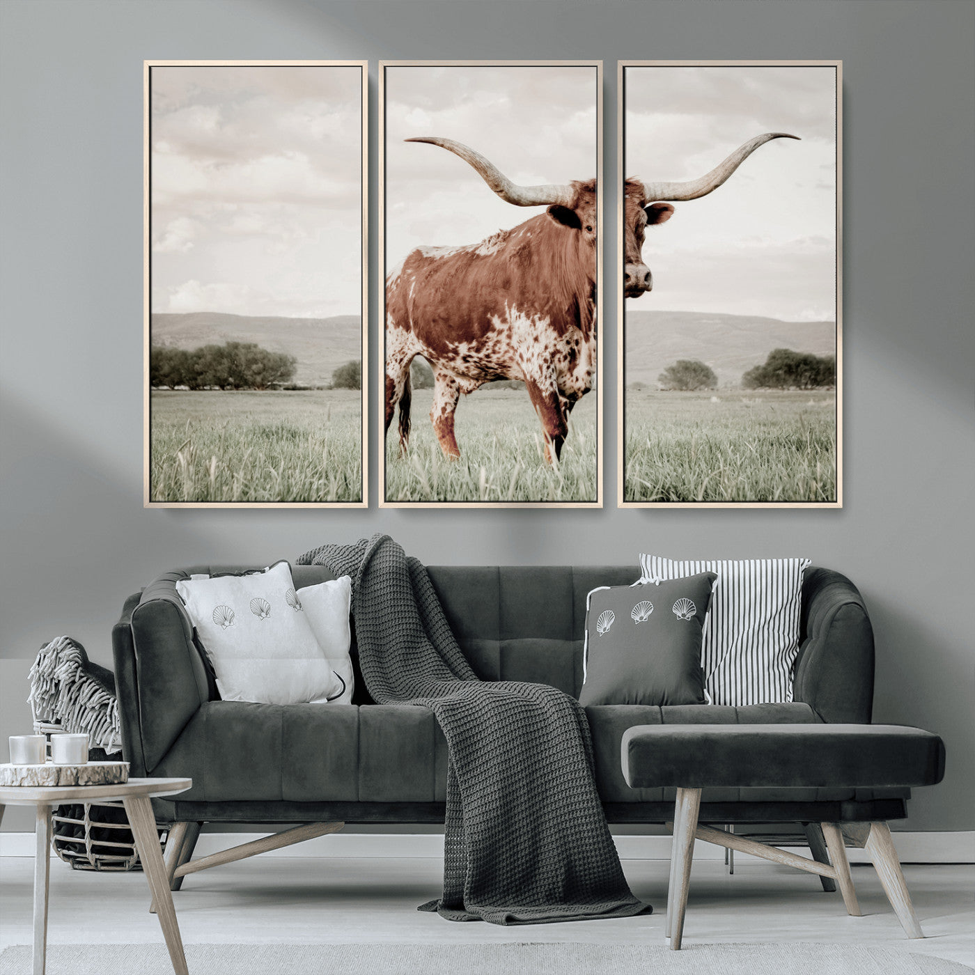 28309012-MGV-CV-36X24-Texas Longhorn Wall Art Canvas Print, Framed Spotted Cattle Art Picture Print, Horned Bull Perfect Rustic Western Decor Artwork
