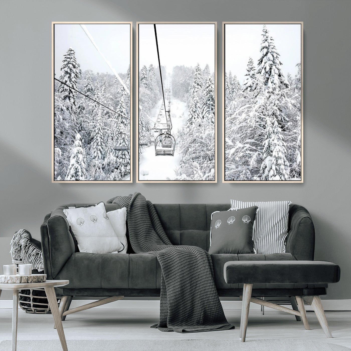 60296839-MGV-CV-36X24-Snowy Mountains Wall Art Canvas Print, Framed Ski Lift Art Picture Print, Winter Forest Perfect Winter Minimalist Decor Artwork