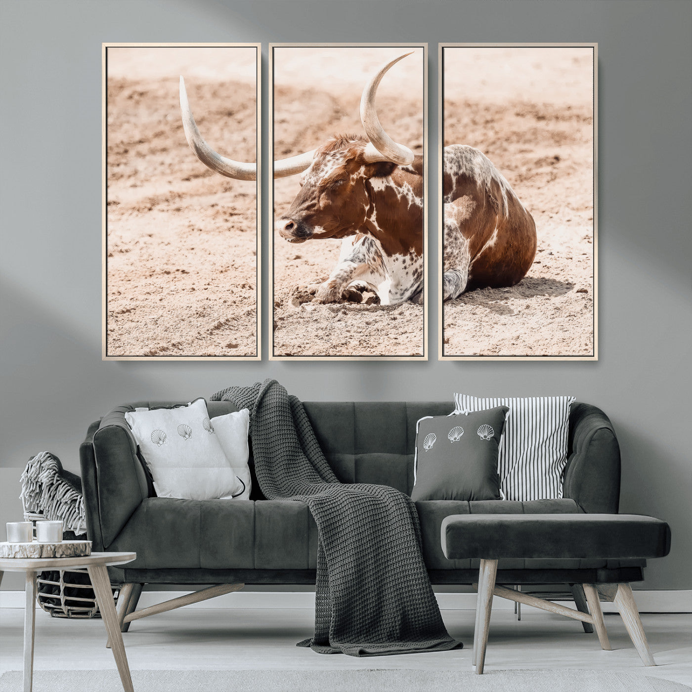 91248682-MGV-FC-48X32-3P_Natural-Texas Longhorn Wall Art Canvas Print, Framed Resting Bull Art Picture Print, Spotted Cattle Perfect Rustic Western Decor Artwork