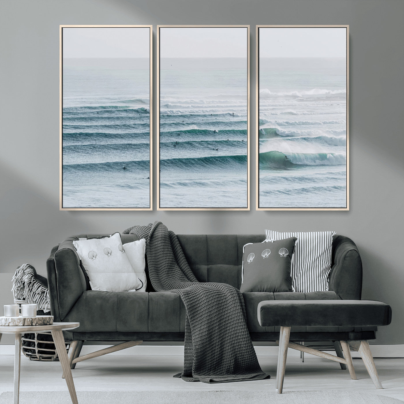 73969318-MGV-FC-48X32-3P_Natural-Ocean Waves Wall Art Canvas Print, Framed Surfer Lineup Art Picture Print, Crowded Ocean Perfect Minimal Coastal Decor Artwork