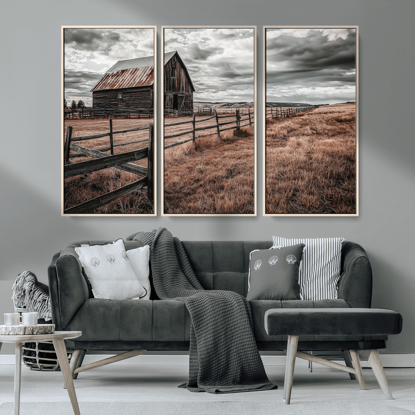 73898372-MGV-CV-36X24-Rustic Barn Wall Art Canvas Print, Framed Moody Field Art Picture Print, Weathered Fence Perfect Moody Farmhouse Decor Artwork