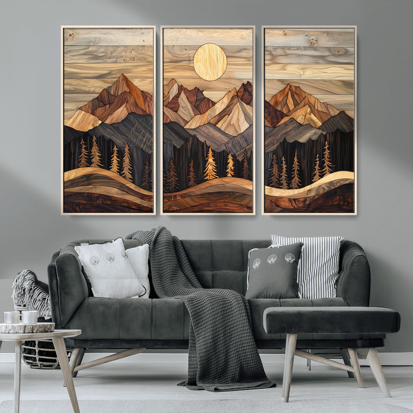 50100230-MGV-FC-48X32-3P_Natural-Wooden Mountain Wall Art – Rustic Nature Landscape Canvas Print, Handmade Style Sun, Forest, and Peaks Artwork for Living Room,