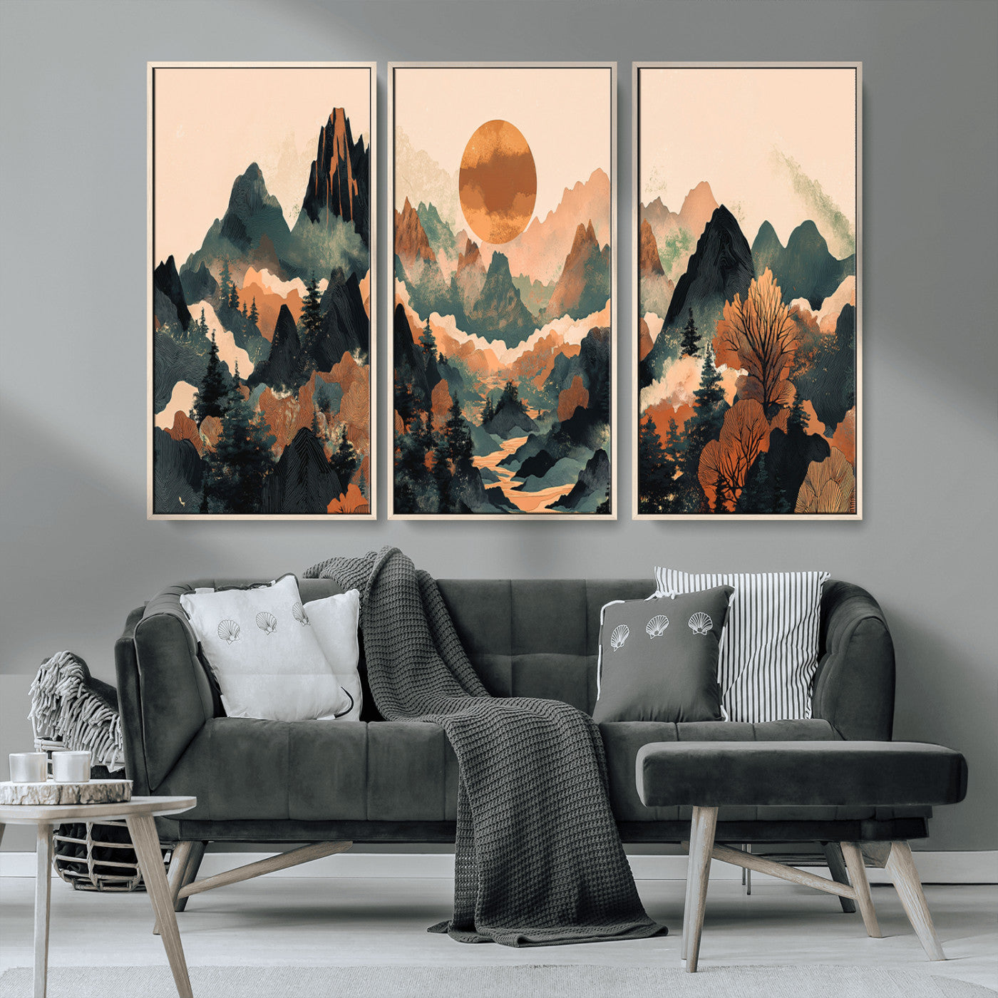 13012770-MGV-CV-36X24-Mountain Landscape Wall Art – Modern Nature Canvas Print with Sun, Misty Peaks, and Forest in Orange and Green Tones for Living
