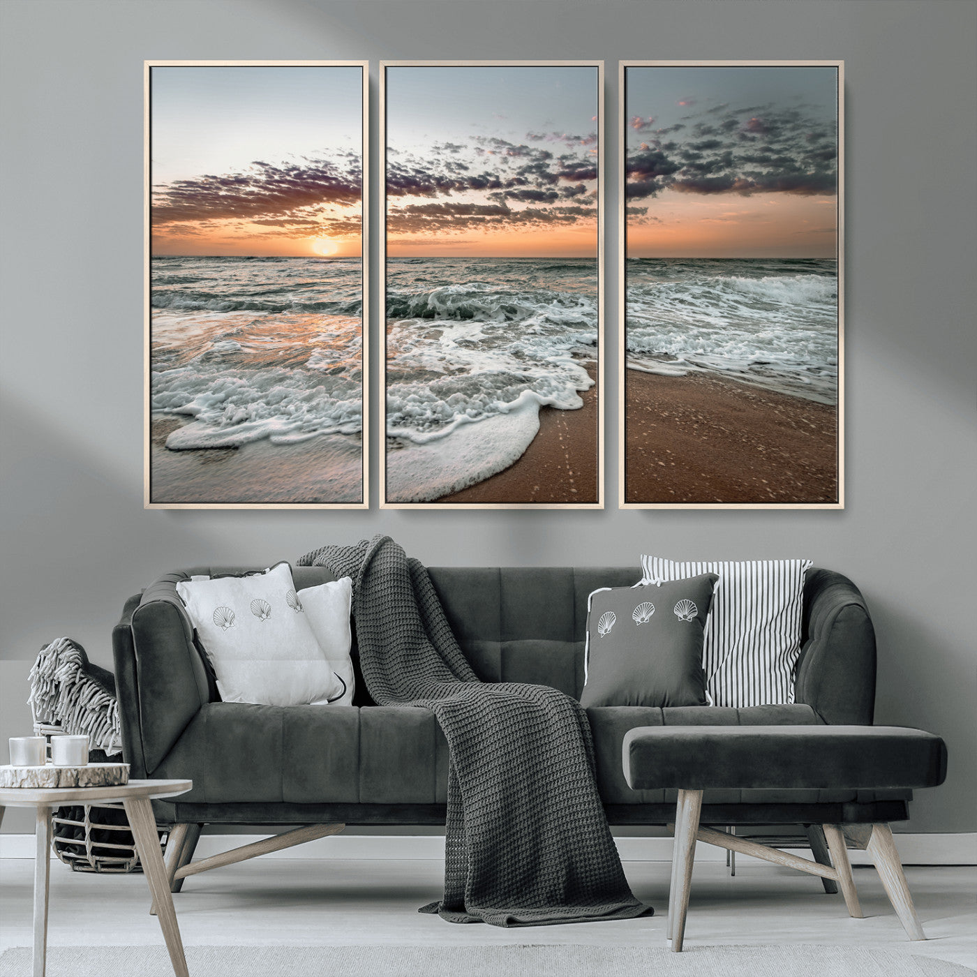 40632752-MGV-CV-36X24-Ocean Sunset Wall Art Canvas Print, Framed Beach Waves Art Picture Print, Coastal Scene Perfect Coastal Decor Artwork