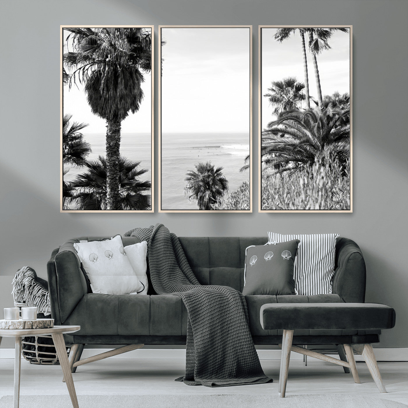 89458520-MGV-CV-36X24-Palm Trees Wall Art Canvas Print, Framed Coastal View Art Picture Print, Ocean Horizon Perfect Monochrome Coast Decor Artwork
