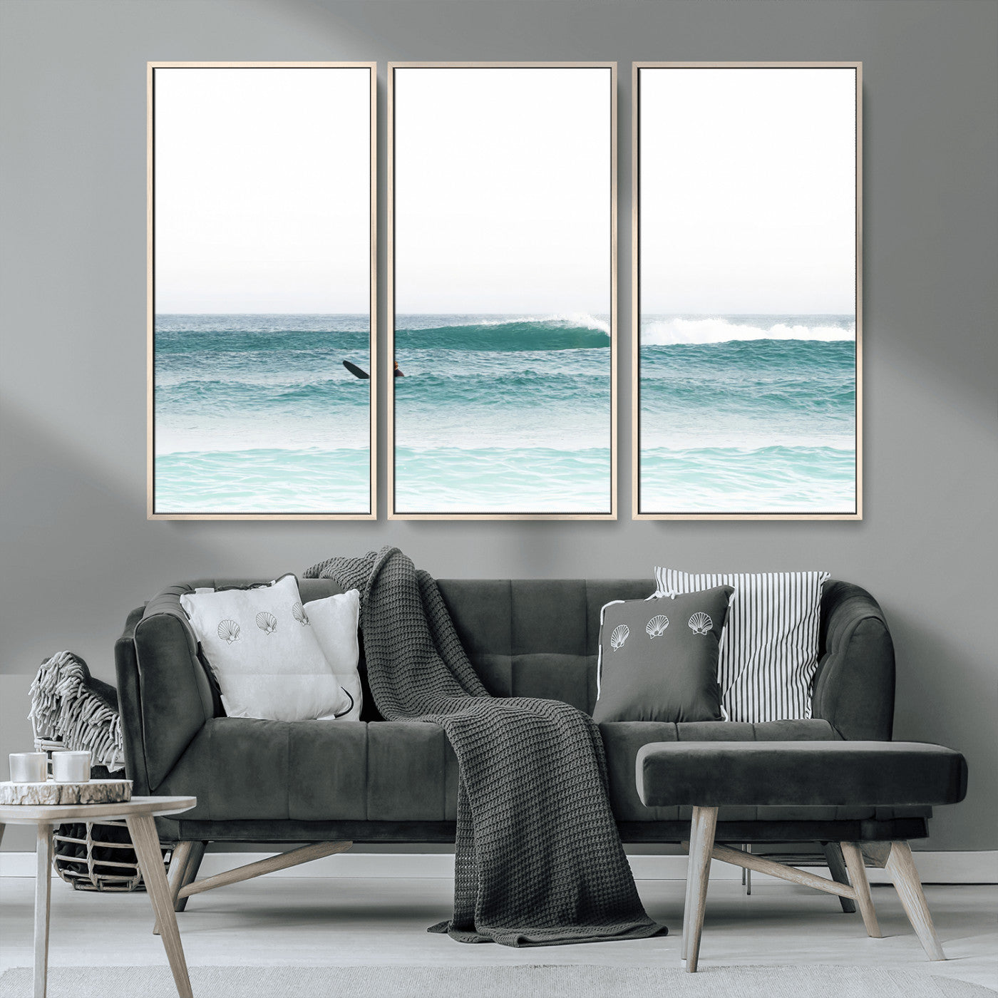 56345117-MGV-CV-36X24-Minimalist Surfing Wall Art Canvas Print, Framed Ocean Waves Art Picture Print, Soft Ocean Perfect Minimalist Coastal Decor