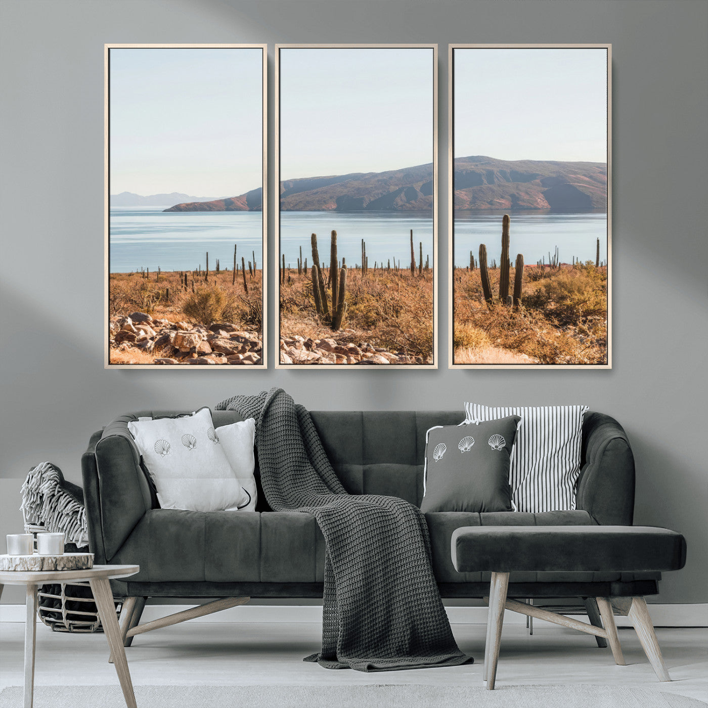 45193515-MGV-CV-36X24-Desert Cactus Wall Art Canvas Print, Framed Baja Coastline Art Picture Print, Coastal Desert Perfect Southwestern Minimalist Decor