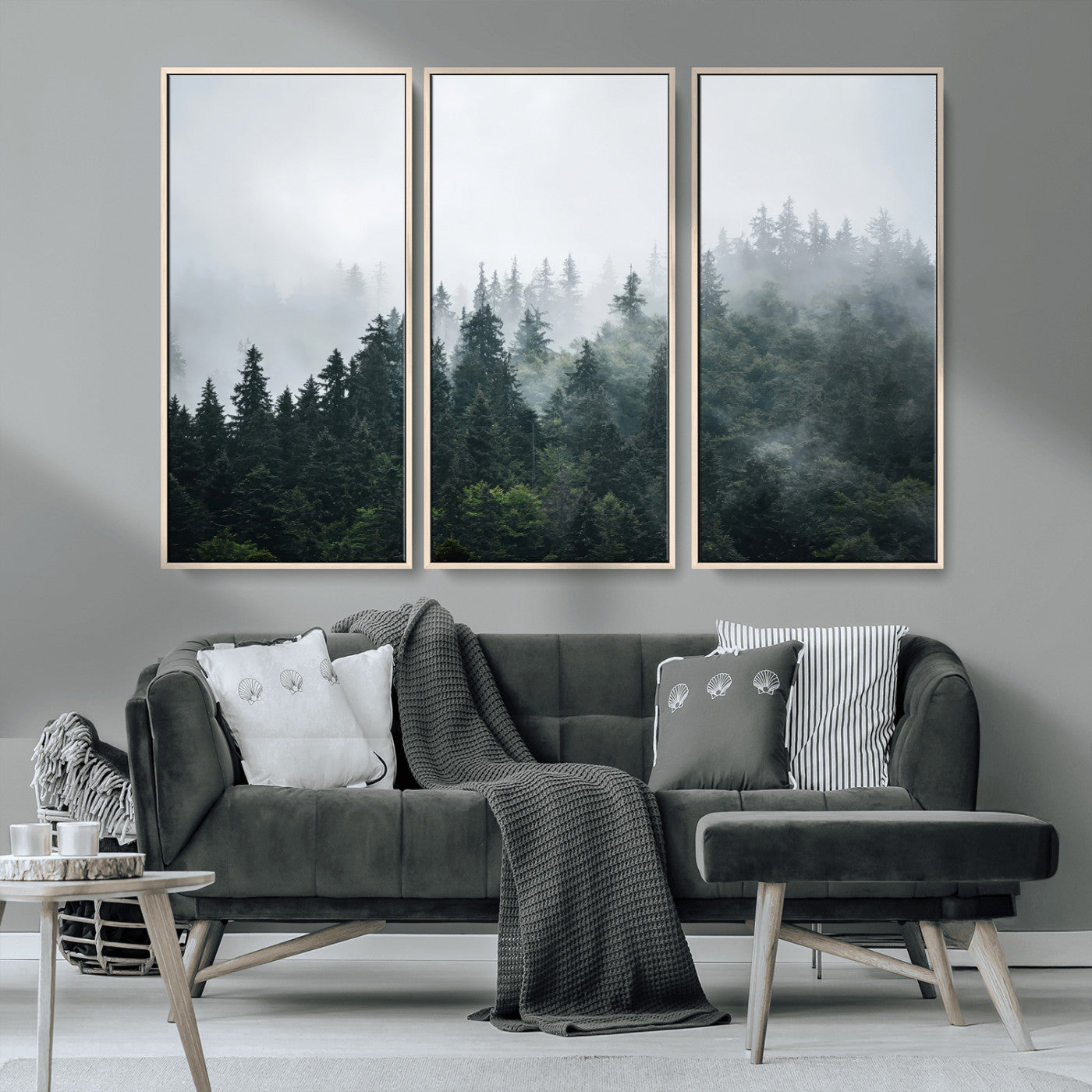 84146572-MGV-CV-36X24-Foggy Pine Trees Wall Art Canvas Print, Framed Forest Nature Art Picture Print, Evergreen Forest Perfect Scandinavian Minimalist