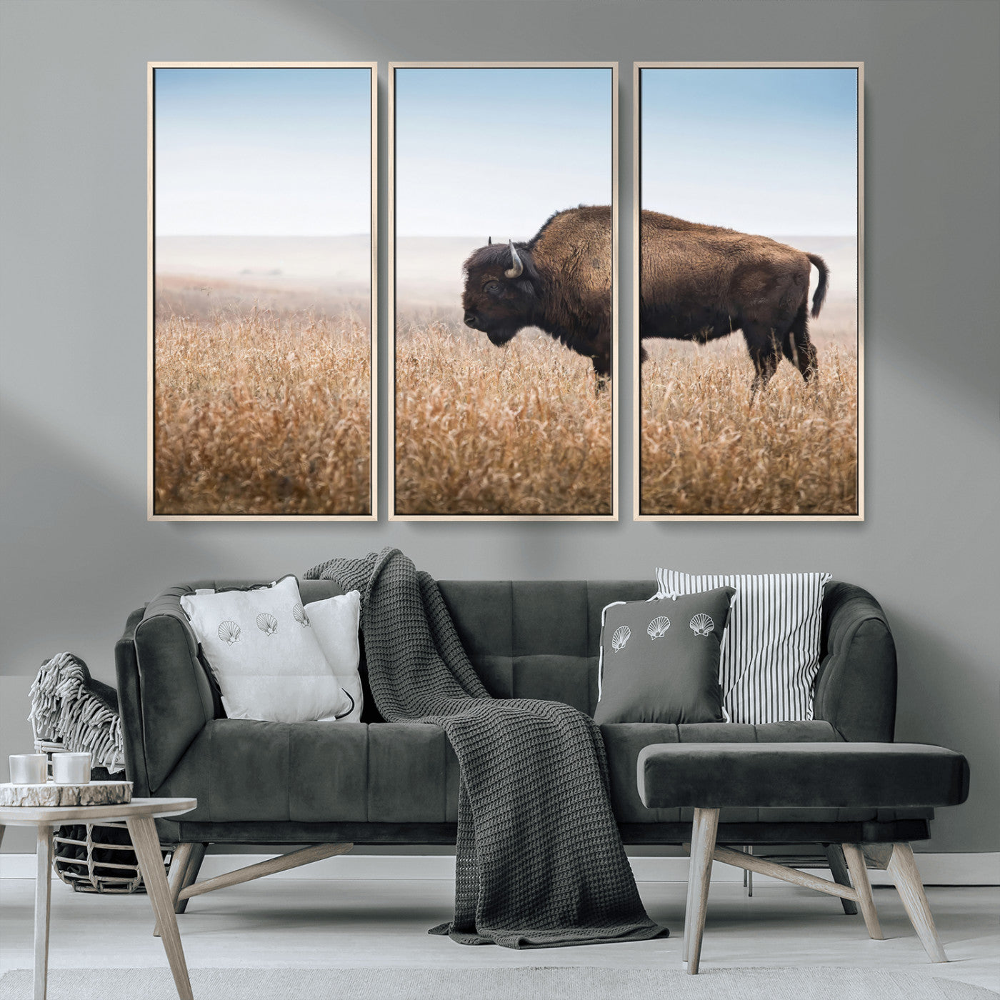 99620201-MGV-CV-36X24-Wild Bison Wall Art Canvas Print, Framed Bison in Prairie Art Picture Print, Rustic Western Perfect Rustic Western Decor Artwork