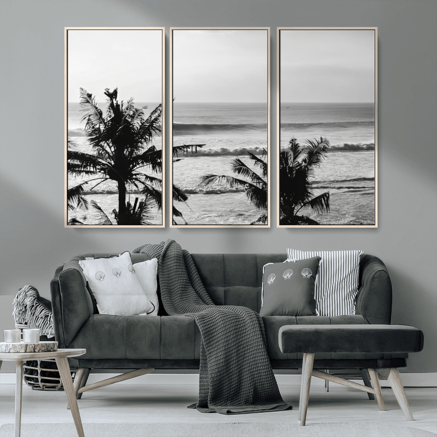 17508038-MGV-CV-36X24-Tropical Coastline Wall Art Canvas Print, Framed Palm Trees Art Picture Print, Ocean Waves Perfect Minimalist Coastal Decor