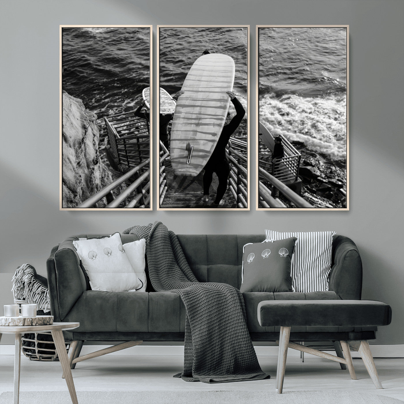 32353707-MGV-CV-36X24-Black White Surfing Wall Art Canvas Print, Framed Coastal Surfing Art Picture Print, Wave Riders Perfect Coastal Adventure Decor