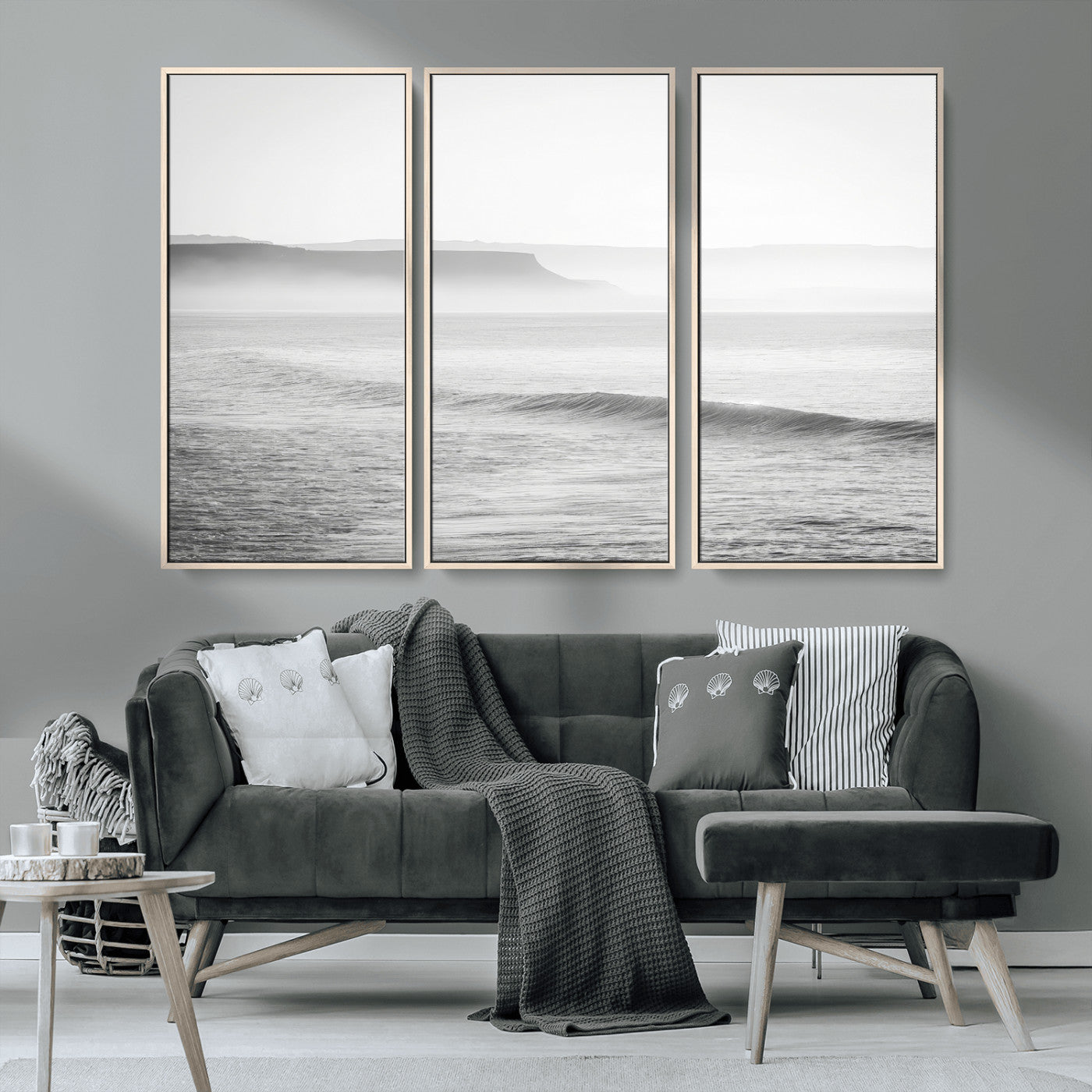 60635783-MGV-CV-36X24-Black White Seascape Wall Art Canvas Print, Framed Ocean Waves Art Picture Print, Misty Coastal Perfect Minimalist Coastal Decor