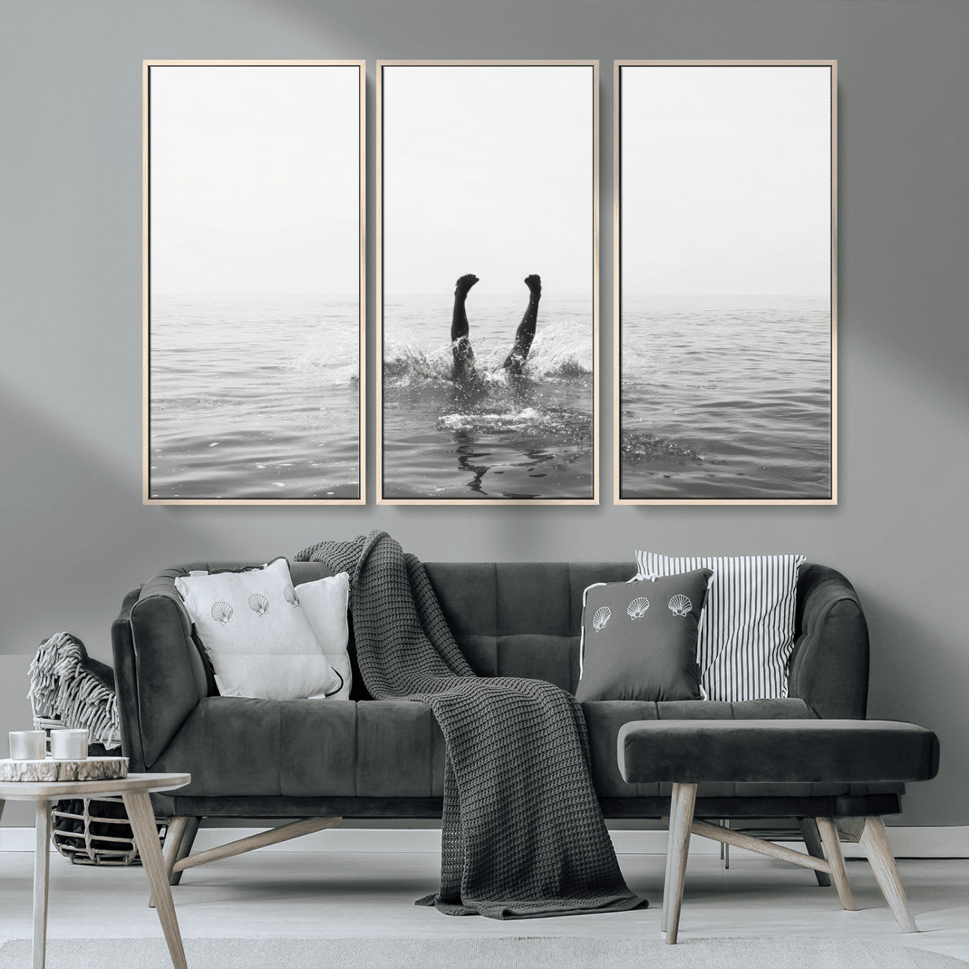 26667396-MGV-CV-36X24-Black White Ocean Wall Art Canvas Print, Framed Monochrome Water Art Picture Print, Diving into Water Perfect Minimalist Aquatic