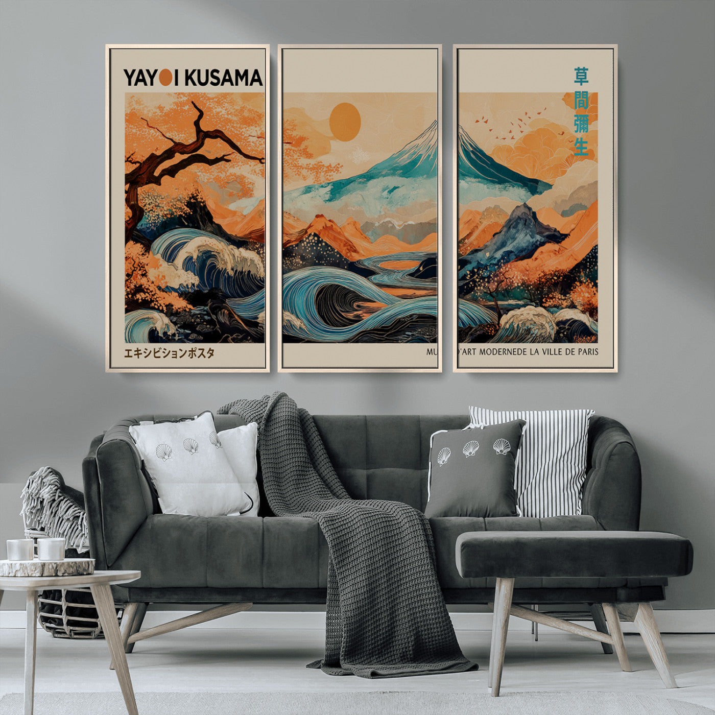 22373530-MGV-CV-36X24-Japanese Mt Fuji Wave Art Print – Ukiyo e Inspired Sun & Cherry Blossom Poster, Traditional Asian Landscape Painting, Modern
