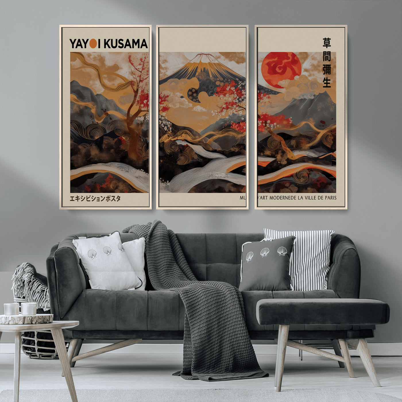 77970791-MGV-CV-36X24-Mount Fuji Golden Abstract Wall Art – Japanese Landscape Canvas Poster, Cherry Blossom & Red Sun Painting, Elegant Zen Oriental