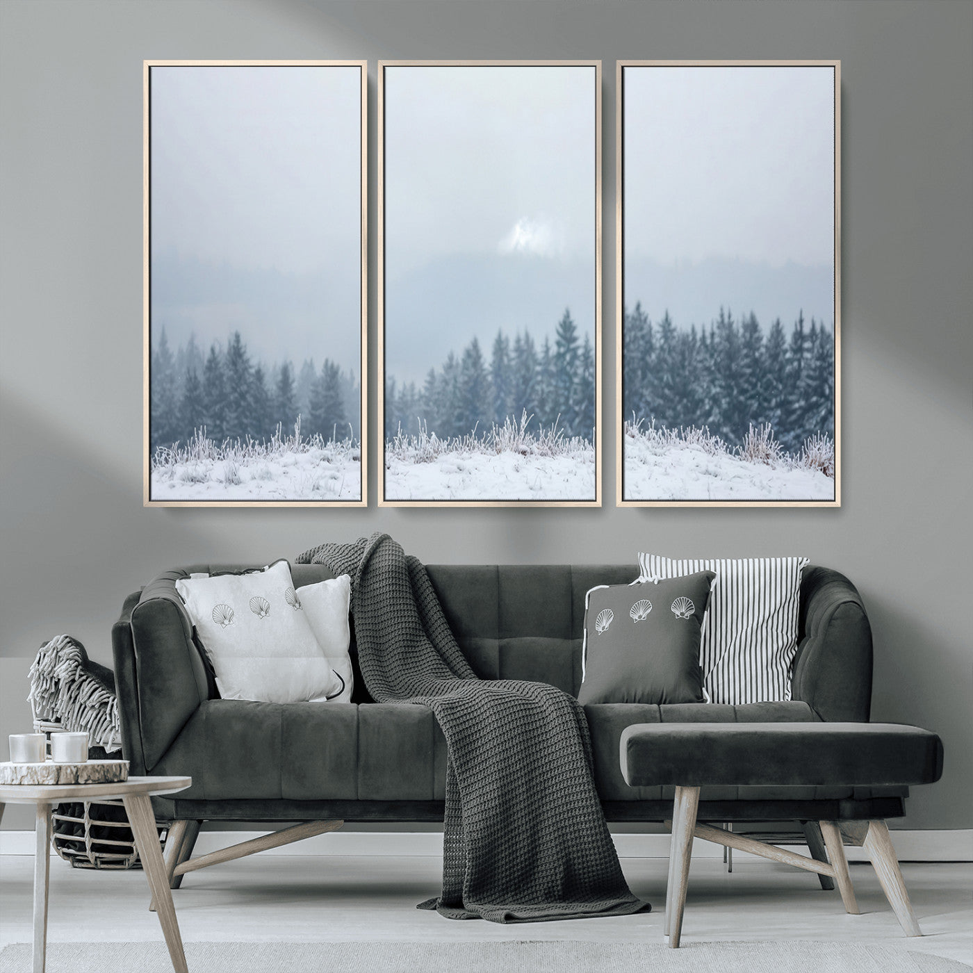 33033082-MGV-CV-36X24-Winter Forest Art Wall Art Canvas Print, Framed Snowy Landscape Art Picture Print, Misty Tree Scene Perfect Nordic Minimalist