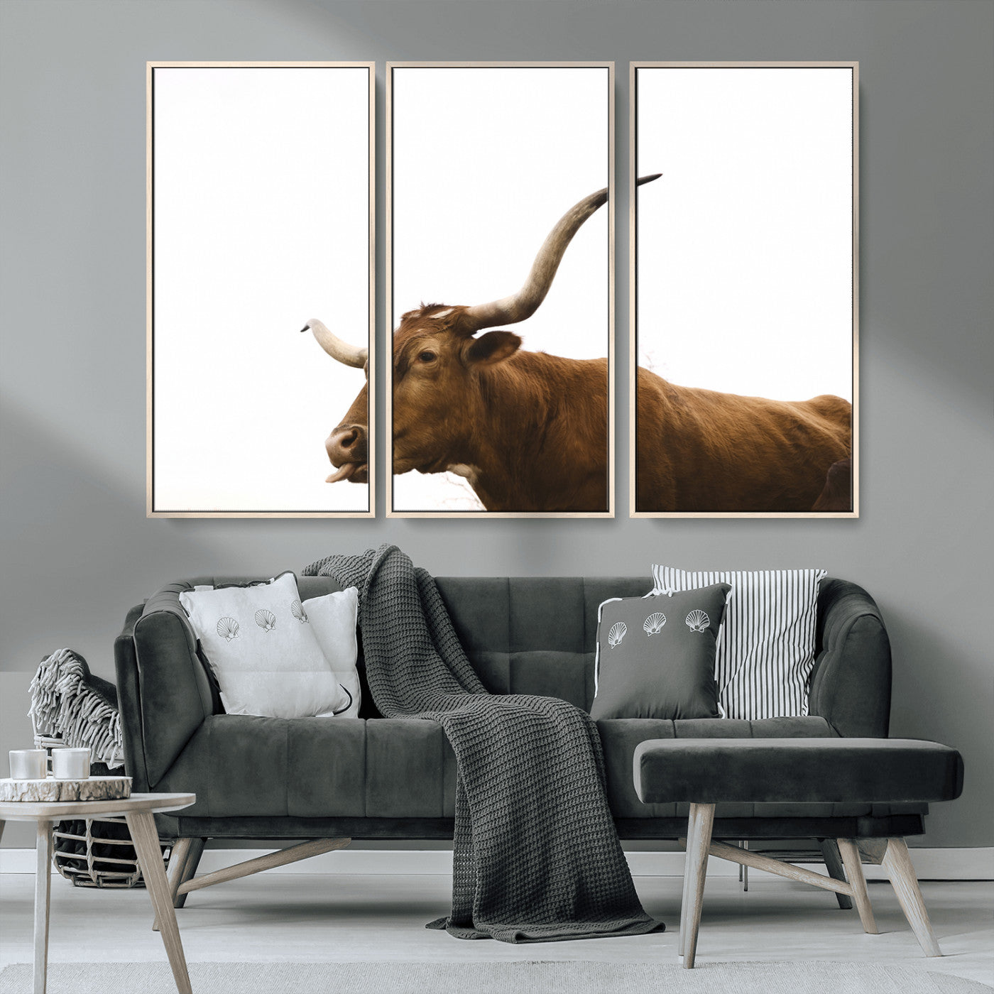62566114-MGV-CV-36X24-Longhorn Cow Art Wall Art Canvas Print, Framed Rustic Animal Decor Art Picture Print, Texas Bull Photo Perfect Rustic Farmhouse